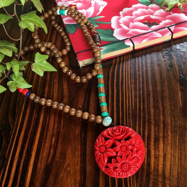

johnature 2020 original wood beads festive pendant necklace vintage chinese style flower roll necklace 0927, Silver