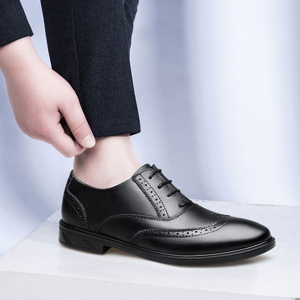 

vintage fashion men dress shoes formal business casual genuine leather shoes wedding party oxfords designer brogue office, Black