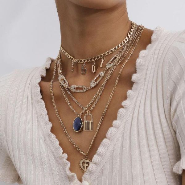 

new personality heart-shaped key pin cross oval figure pendant necklace for woman party casual sweet tassel necklace sets, Silver