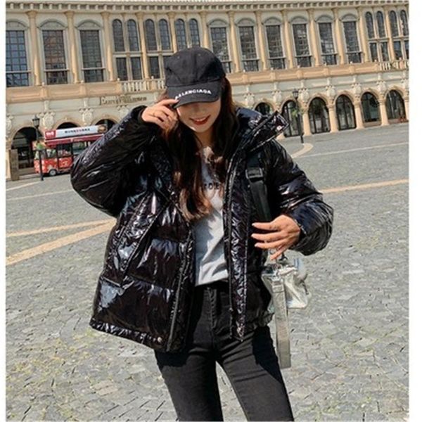 

ladies glossy down jacket fashion long sleeve casual hooded coats winter designer female zipper thick solid color keep warm short outerwear, Black;brown