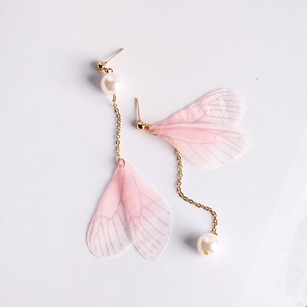 

2020 Korean Simple Butterfly Wing Earrings For Women Asymmetry Simulated Pearl Pendientes Trendy Handmade Drop Earrings, Silver
