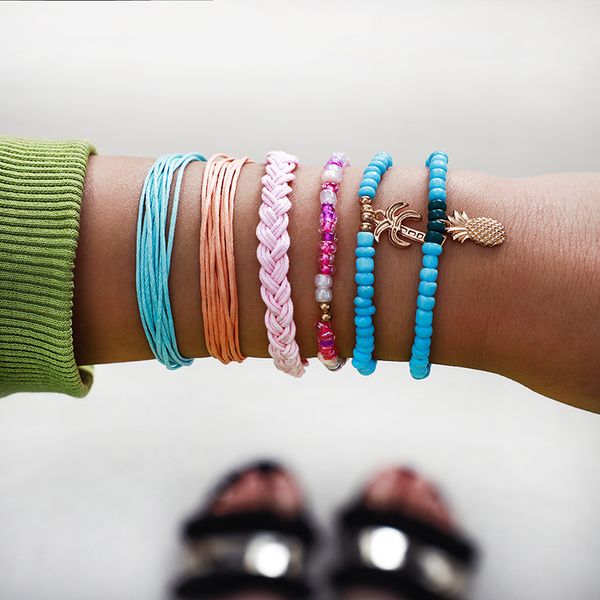 

link, chain multi color bohemian handmade 6 layers tree beads bracelet sets women 2021 rope bracelets retro jewelry accessories, Black