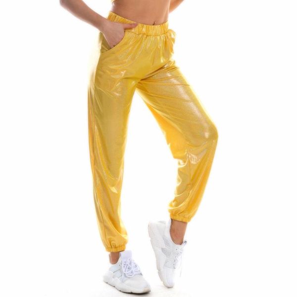 

women's pants & capris reflective women high waist metallic jogger trousers shiny holographic loose hip hop dance bottoms streetwear, Black;white