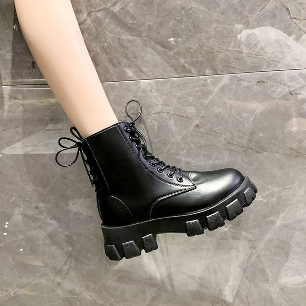 

women's boots autumn rock shoes woman lace up flat heel luxury designer boots-women round toe ankle lolita med elegant fashion, Black