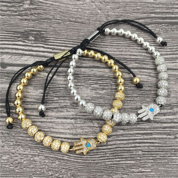 

copper bead braiding cz hamsa fatima hand charm bracelet micro pave cz ball bracelets women men's couple bracelet bangle, Golden;silver