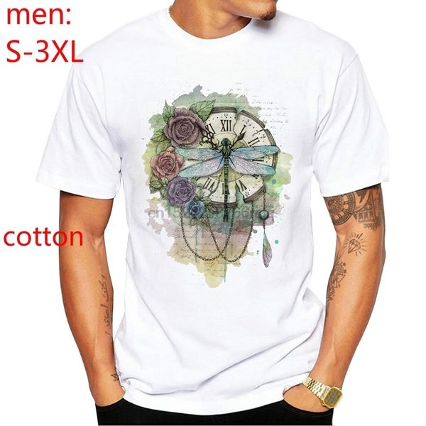 

fashion time flies retro design men t-shirt short sleeve casual vintage dragonfly on clock male t shirts funny cool tee