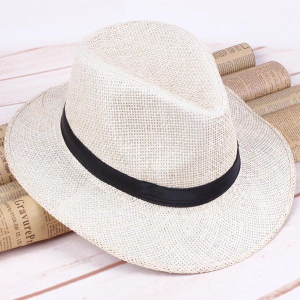 

newly men straw panama hat handmade cowboy cap summer beach travel sunhat, Blue;gray