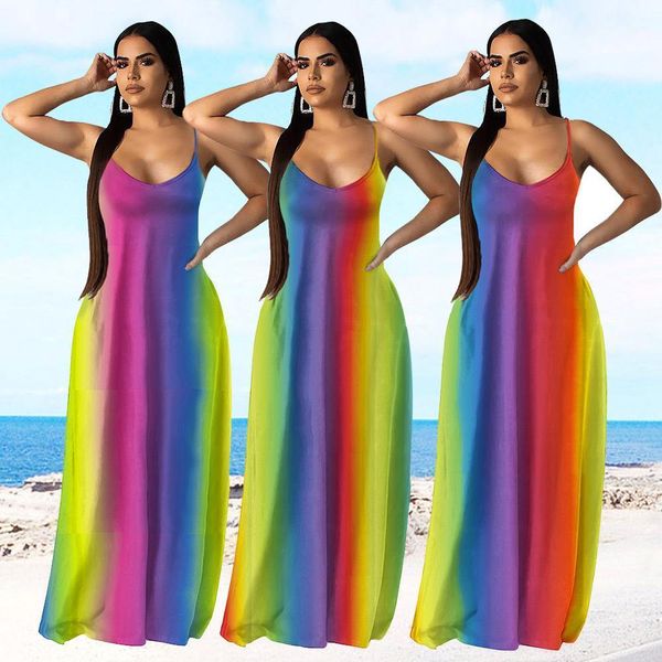 

dress female clothing 2020 womens designer dress summer sleeveless sling rainbow tie dye bohemian long, Black;gray