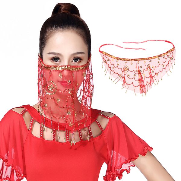 

womens charming belly dance beaded sequins tribal face veil performance wear, Blue