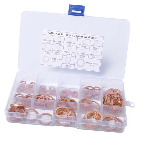 

150 pieces 13 sizes solid copper crush washers sealing flat ring assortment
