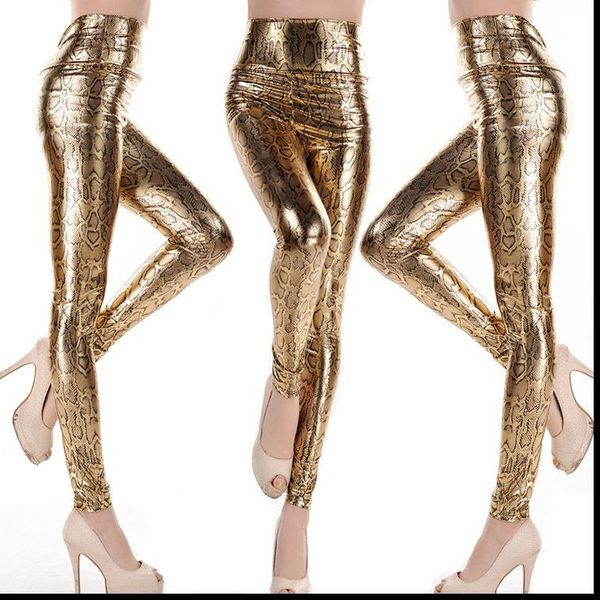 

gothic womens high waist leggings snake shinny faux leather pants bronzing leggings drop ship, Black