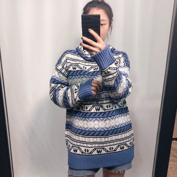 

2020 autumn and winter new round neck long-sleeved loose thick retro knit sweater men and women same style jacquard sweater, White;black