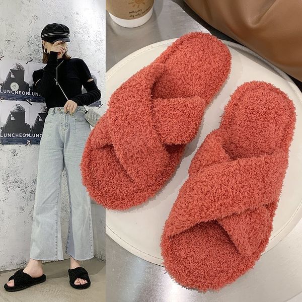 

2020 new autumn and winter fashion home cross toe hair slippers women's flat non-slip cotton slippers warm women shoes, Black