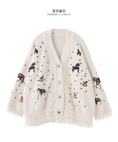 

2020 women winter wind loose cardigan tassel embroidery cardigans sweater coat, White