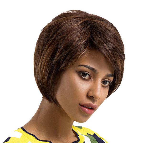 

реальные человеческие волосы парик женщины hairpieces brown layered косая челка heat safe, Black