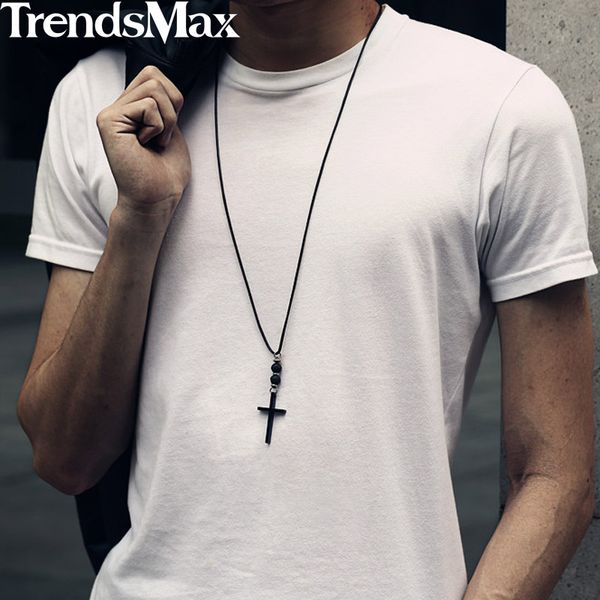 

trendsmax men's fashion cross pendant necklace long leather necklace lava glass bead black silver color 1.5mm 32" 80cm kdnm03
