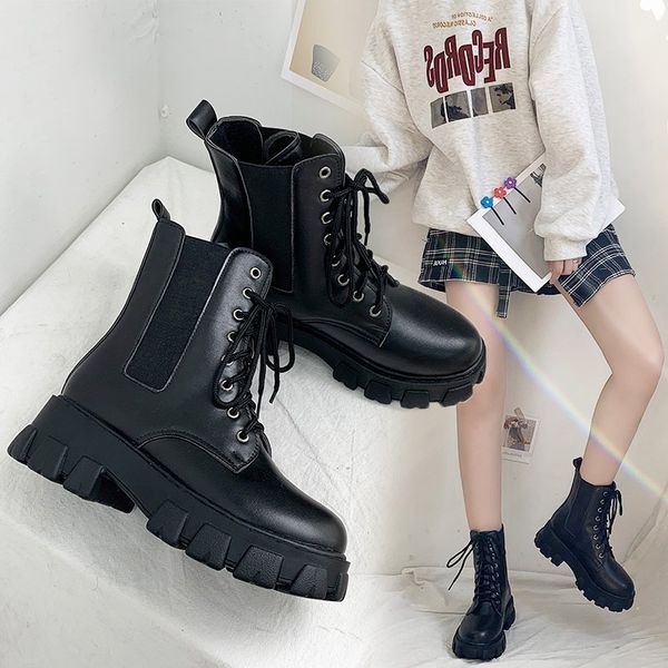 

панк черные платформы женщины ботильоны 2020 мода крест ремень коренастый пятки сапоги женщина водонепроницаемый pu кожа мотоциклов, Black