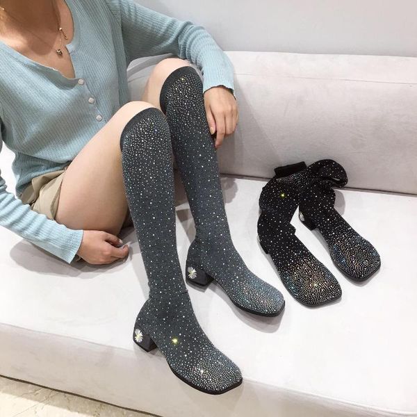 

winter new skinny socks boots stretch starry rhinestone knit square toe thick heel over the knee boots women, Black