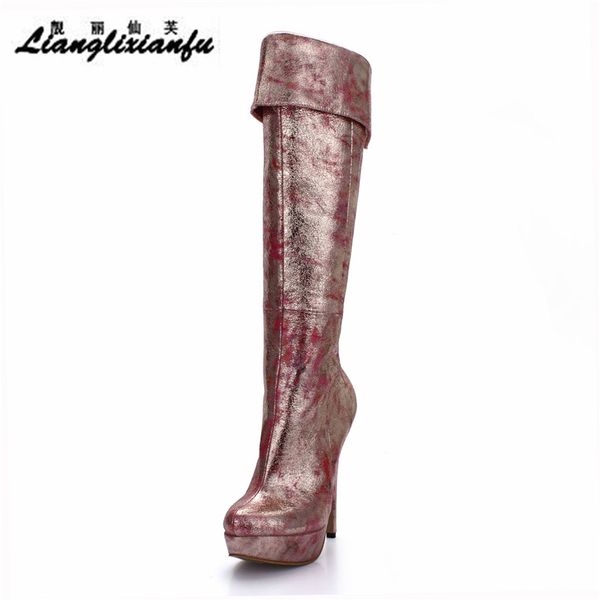 

llxf red gold knee-high motorcycle boots 14cm thin heels round toe lace-up shoes woman botas mujer platforms party pumps, Black
