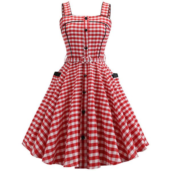

casual dresses plaid print summer dress women vintage sleeveless spaghetti strap pocket red elegant beach party mini plus size, Black;gray