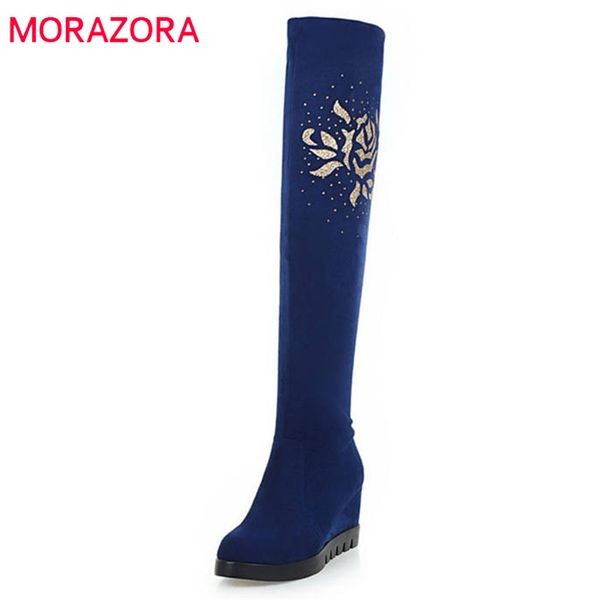 

morazora 2020 new over the knee boots women warm autumn winter long boots slip on crystal elegant wedges shoes woman 4 colors, Black