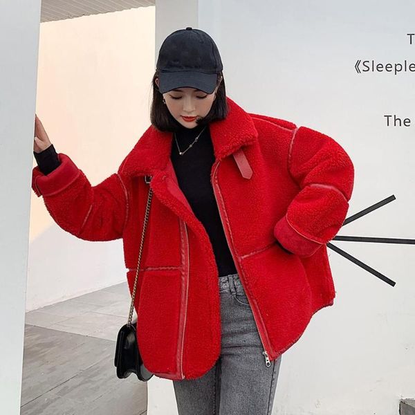 

women's fur & faux plush lambskin coat women winter fluffy 2021 fashion solid long sleeve lapel zip fake warm soft female overcoat, Black