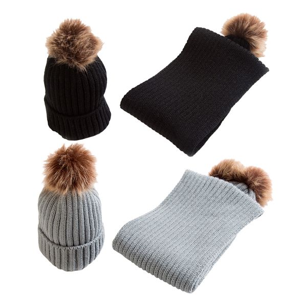 

2pair baby boy girl winter cap knitted faux fur pom bobble beanie hat scarf, Yellow