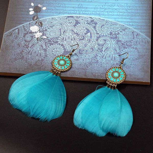 

bohemia boho long drop earrings fluffy feather earring for women vintage round alloy earrings boucles d'oreilles en plumes, Silver