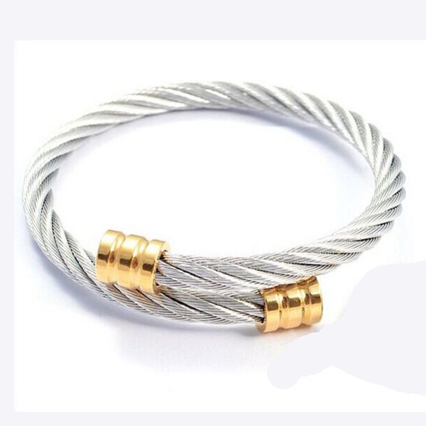 

fashion women men punk cable bracelet color gold stainless steel clasp twisted cable wire rope cuff bracelets pulseras jewelry, Black
