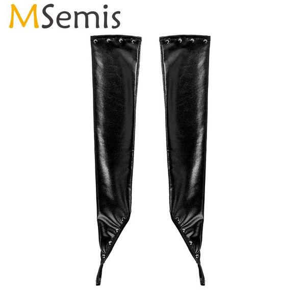 

five fingers gloves msemis women ladies wet look patent leather goth punkmetallic fingerless long with rivets for disco dance party, Blue;gray