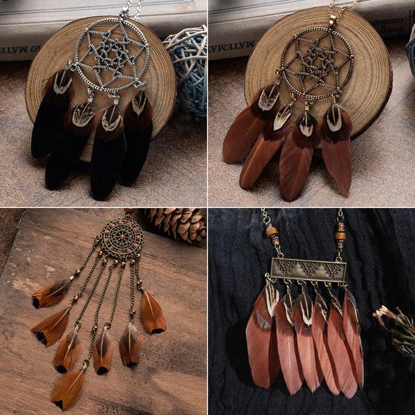 

ethnic long black brown feather leather chain necklaces for women girls vintage dream catcher pendants sweater necklace jewelry, Silver