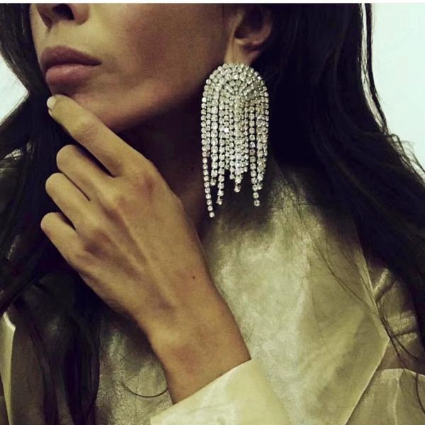

luxury boutique shiny rhinestone tassel dangle earrings jewelry for women fashion show lady's statement earrings accessories, Silver