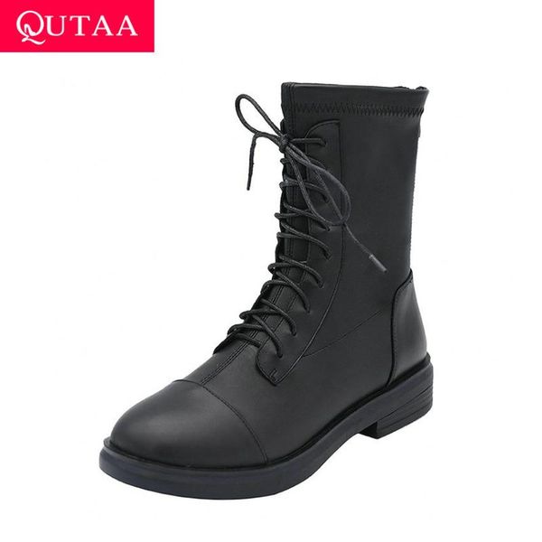

qutaa 2021 mid calf boots autumn winter square heel zipper lace up women shoes cow leather pu round toe ladies pumps size 34-41, Black
