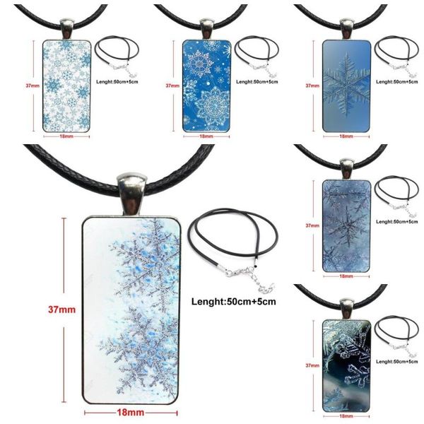 

for women girl gift winter pattern snowflakes beautiful steel color glass cabochon with rectangle shaped pendant choker necklace, Silver