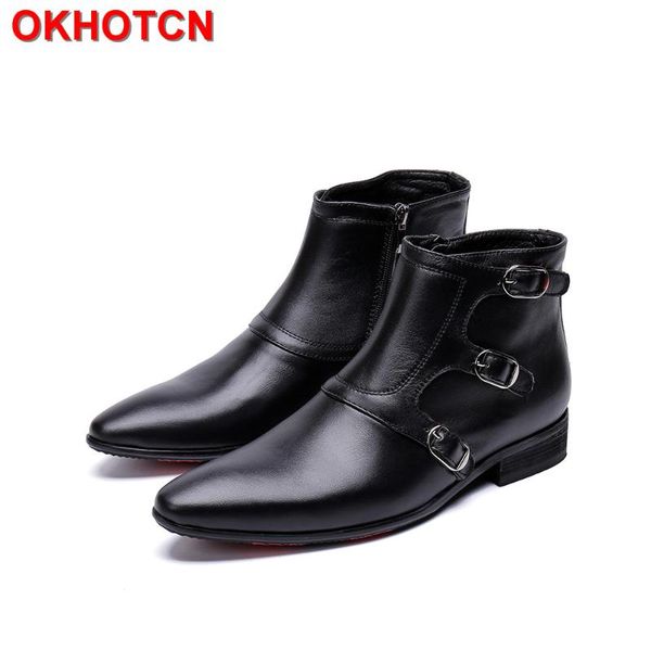 

boots genuine leather mens black pointed toe buckle man shoes fashion zipper suede ankle men winter waterproof