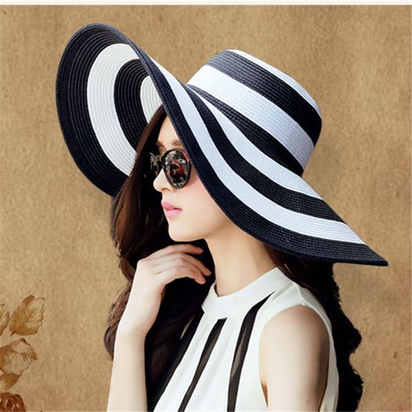 

лето женский шлемов sun visor hat большой брим классический черный белый полосатый соломенная шляпка повседневный открытый пляж cap для женщ, Blue;gray