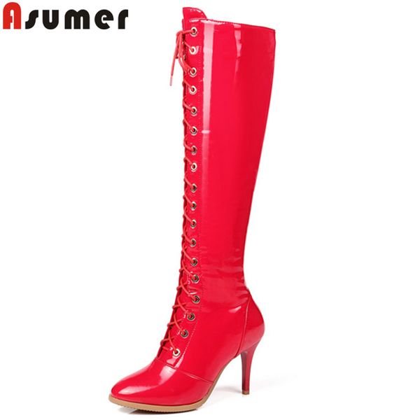 

asumer fashion autumn winter boots women round toe zip cross tied knee high heels boots pu leather black red
