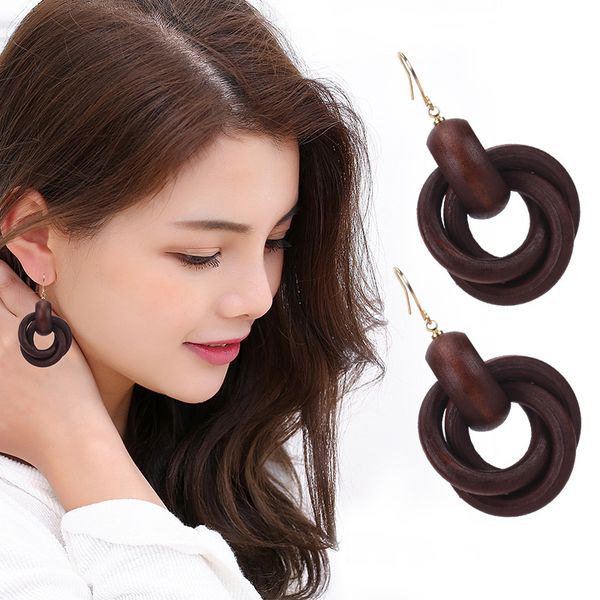

kejialai round spiral fashion wood earrings for women circle wood drop dangle earrings national ethnic hj-sjr1729, Silver