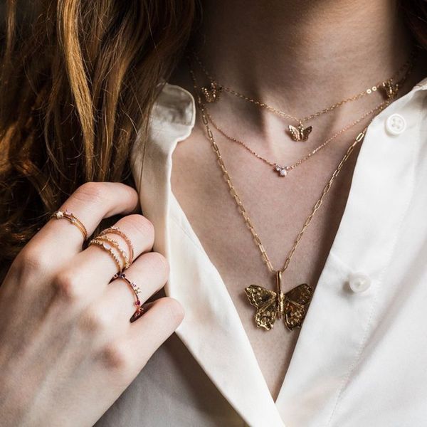 

pendant necklaces alyxuy multi-layer vintage gold multiple butterflies white crystal necklace trendy jewelry women girls gift accessories, Silver