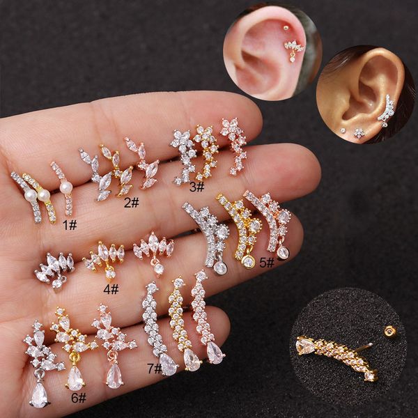 

1pc cz curved cartilage piercing jewelry 20g stainless steel earring tragus rook conch screw back stud ear, Golden;silver