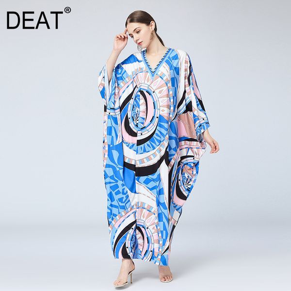 

deat] 2020 autumn fashion new bohemian style loose elegant geometry print women's dress v-neck bat sleeve robe clothes mx051, Black;gray