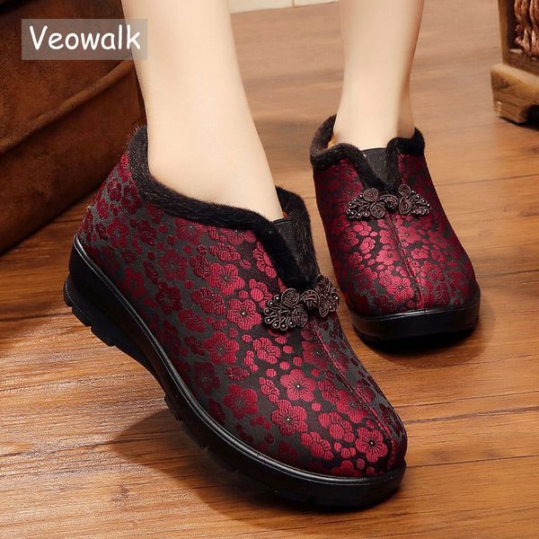 

vintage chinese style winter women cotton warm fur short ankle boots retro ladies casual plush platform shoes foral booties, Black