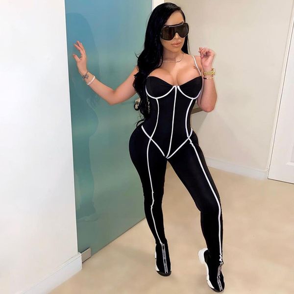 

fashion suspenders deep v backless bodycon jumpsuit women cross stripe female romper spaghetti straps catsuit summer playsuit, Black;white