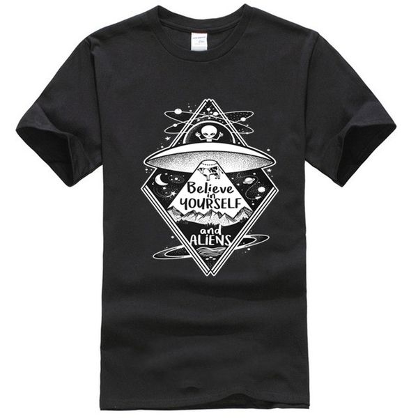

black ufo alien t-shirt men believe in yourself and aliens tees summer hip hop tshirt cartoon t shirts fun clothes