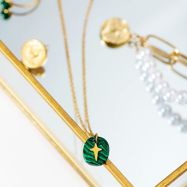 

exquisite green natural stone north star pendant necklace for women stainless steel collares jewelry statement necklace jewelry, Silver
