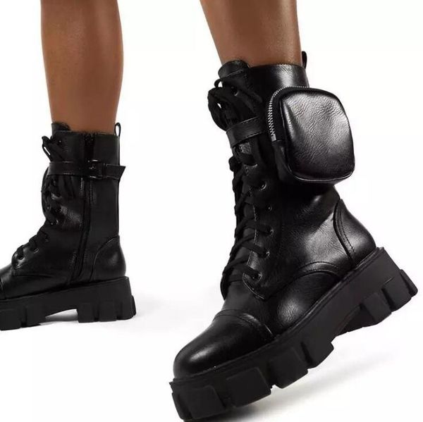 

2020 autumn winter bootie pocket buckle strap pink chunky sole pouch ankle boots shiny leather patchwork arrival platform boots, Black