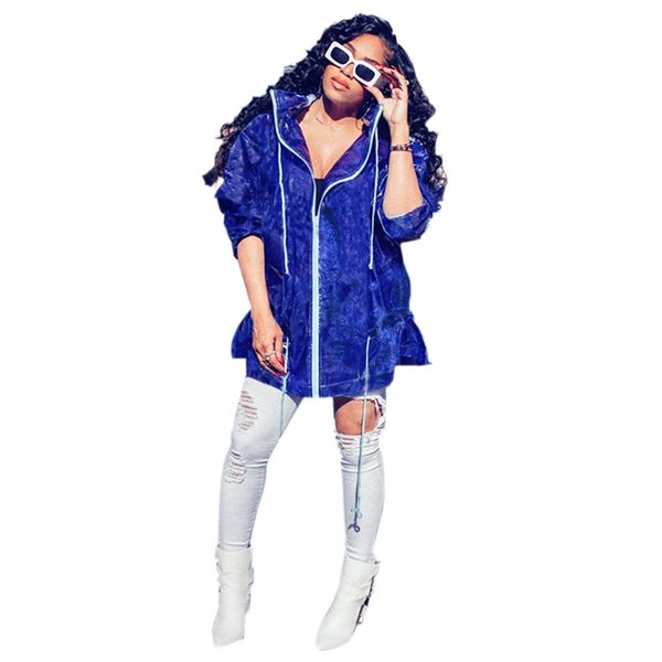 

women drawstring hooded raincoat loose long sleeve zipper coat famale fashion long clothes, Black;brown