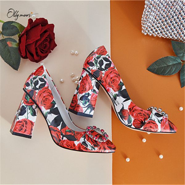 

ollymurs new spring summer genuine leather women pumps square toe crystal slip on thick high heel women pumps party shoes woman, Black