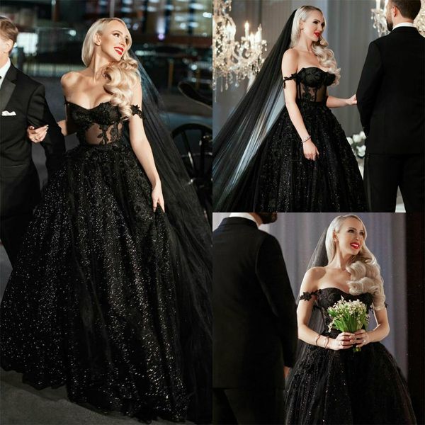 

black wedding dresses a line off shoulder sequins beaded wedding dress custom made lace appliqued sweep train vestidos de novia, White