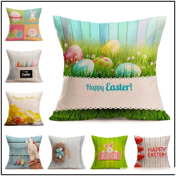 

easter linen pillowcase square happy easter retro egg bunny rabbit design pillow case sofa car cushion covers festival home decor 45cm*45cm